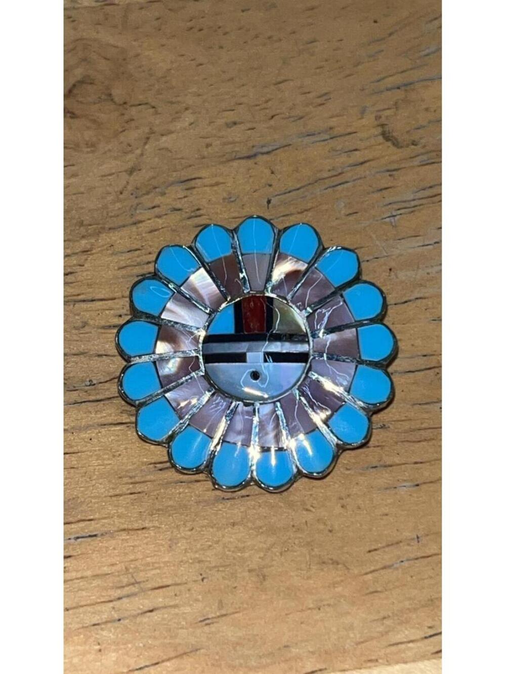 Native American Zuni sterling silver turquoise sun face pendant/ pin -Niiha